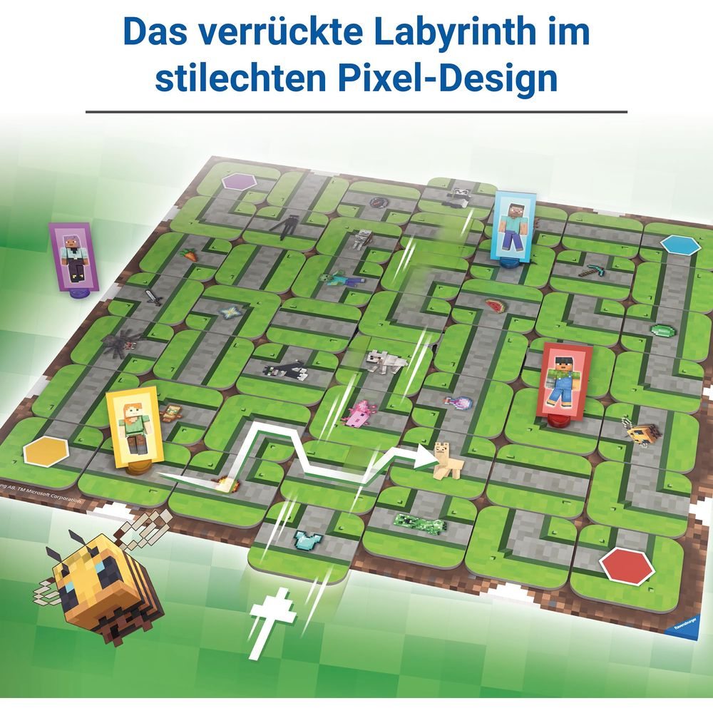 Plansza gry labirynt Minecraft z figurkami i stworzeniami.