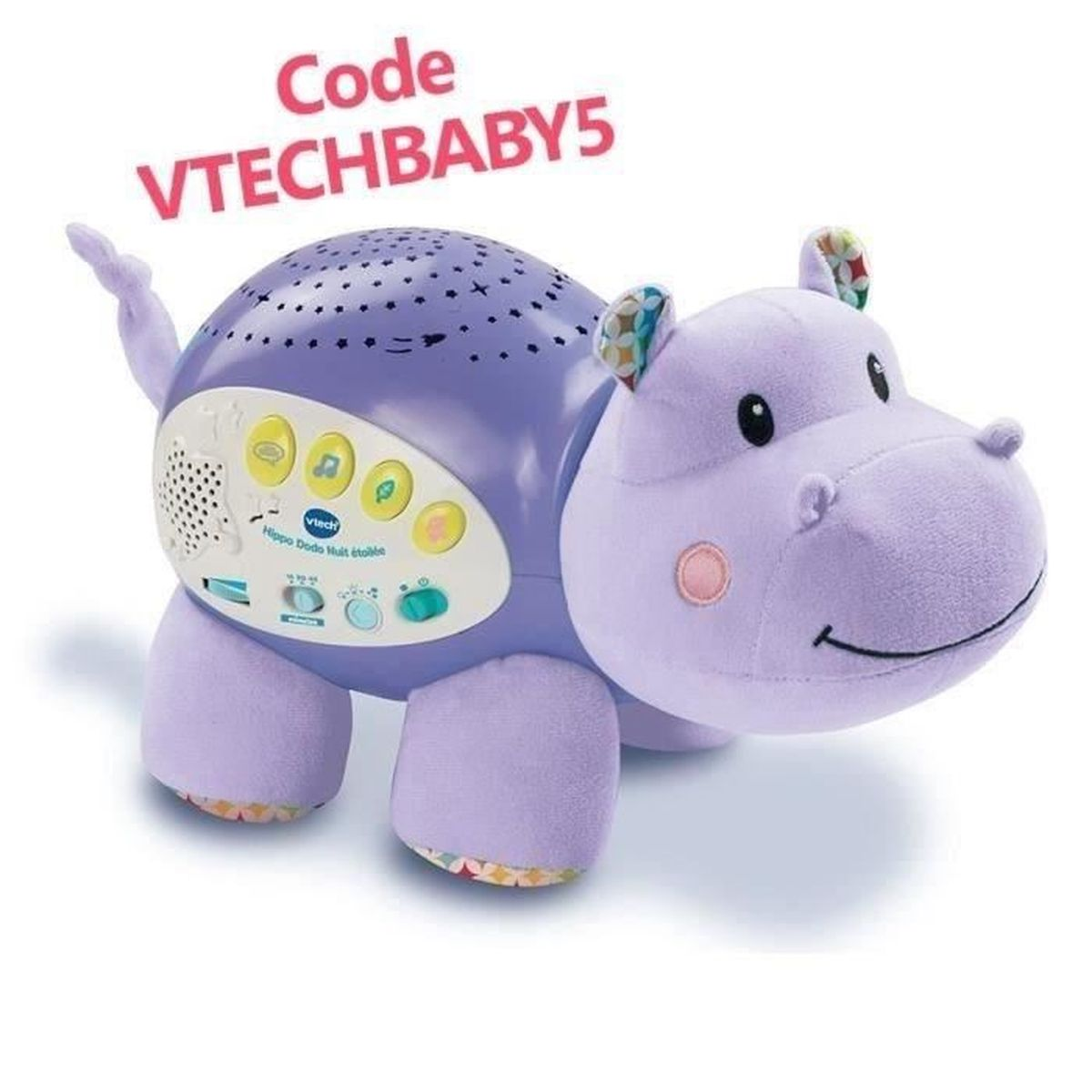 Purple hippo toy with projector and buttons. Code VTECHBABY5.