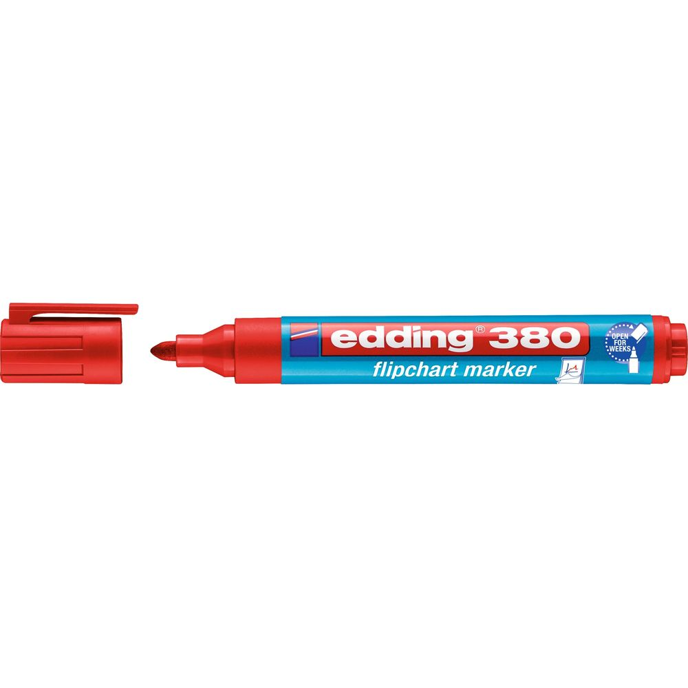 Ein roter Edding 380 Flipchart-Marker mit offenem Deckel und roter Spitze.