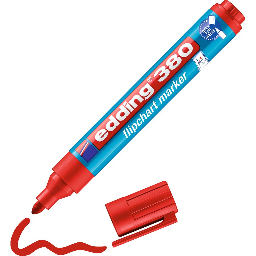 Ein roter Edding 380 Flipchart-Marker mit Kappe daneben und roter Spur.