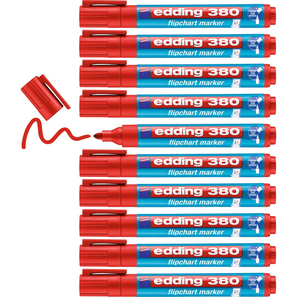 Zehn rote Edding 380 Flipchart-Marker liegen nebeneinander.