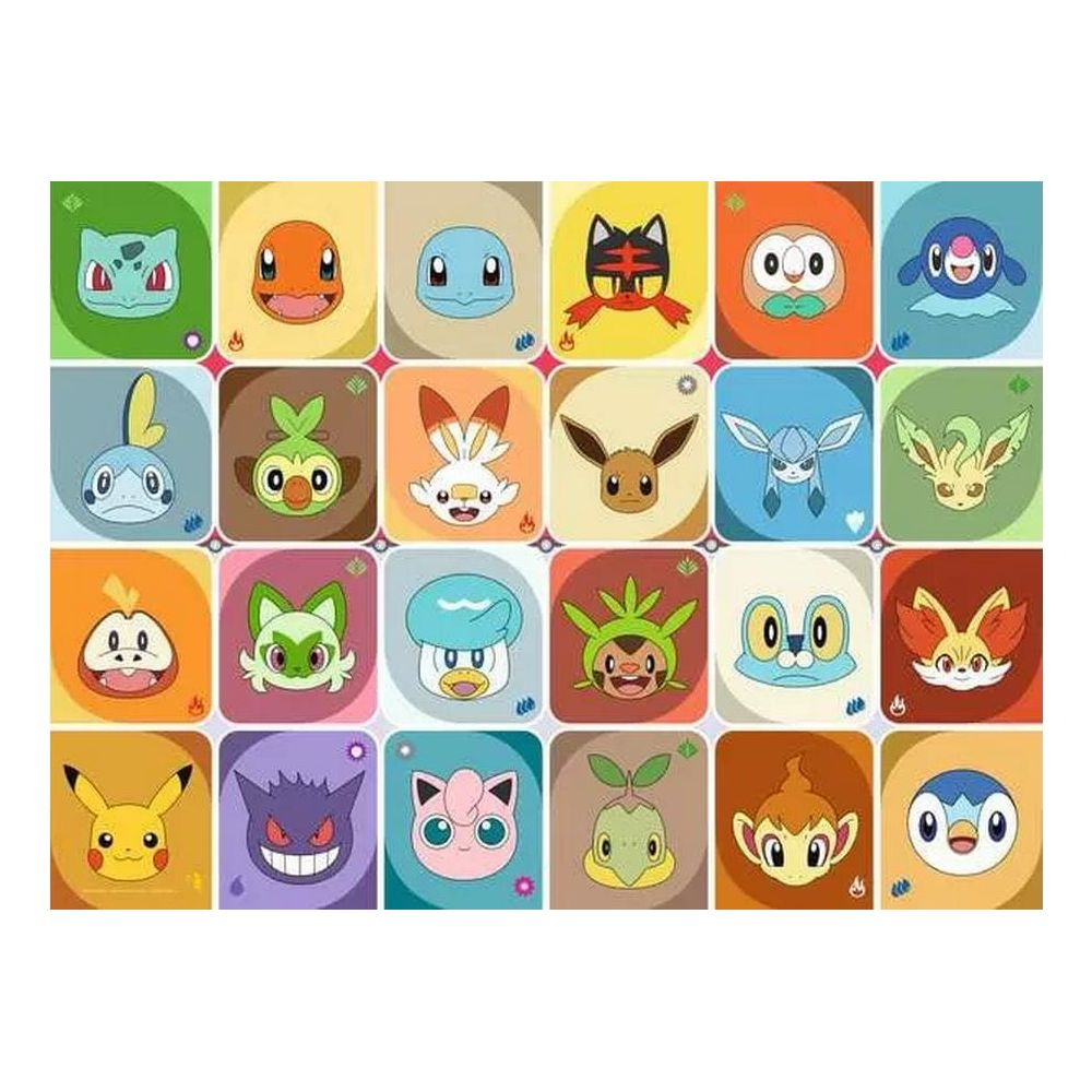 Un collage de 24 portraits de Pokémon dans des carrés colorés.