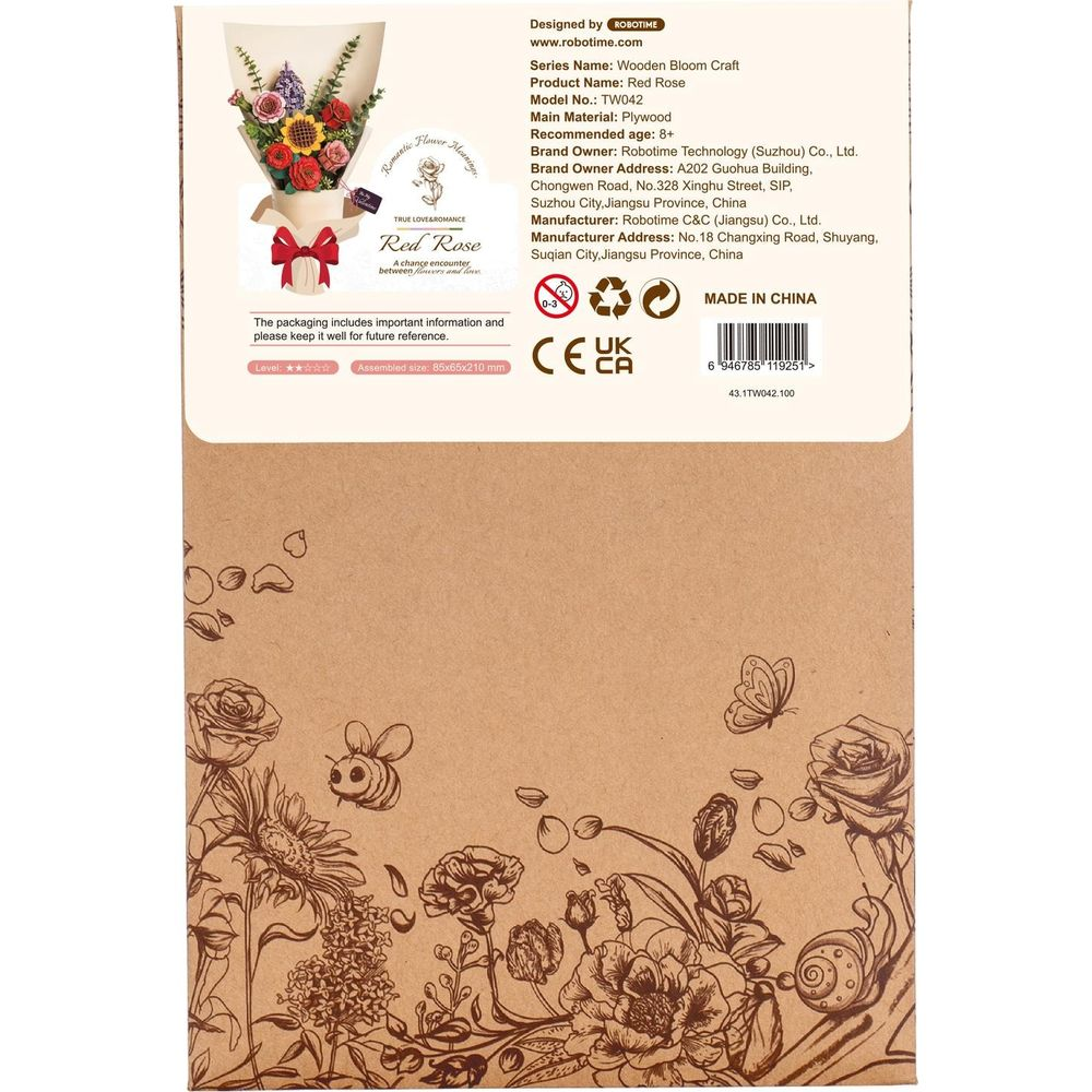 Opakowanie zestawu do rękodzieła z drewnianymi kwiatami, z różami i detalami produktu.