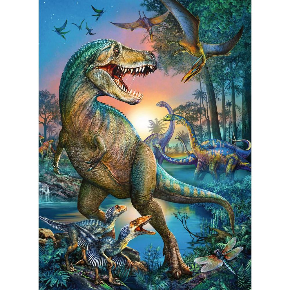 T-Rex z innymi dinozaurami i pterozaurami w prehistorycznym krajobrazie.