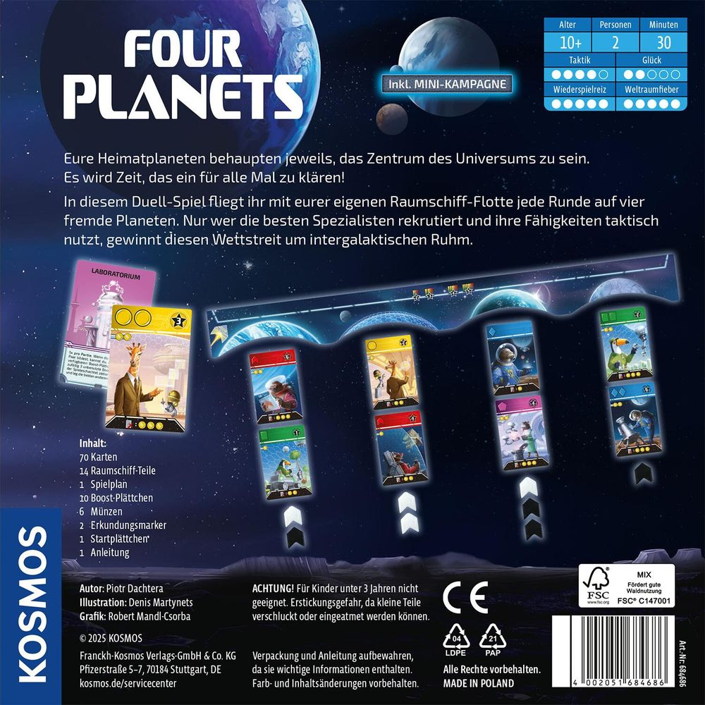 Scatola del gioco da tavolo "Four Planets" a tema spaziale, pianeti e carte personaggio.