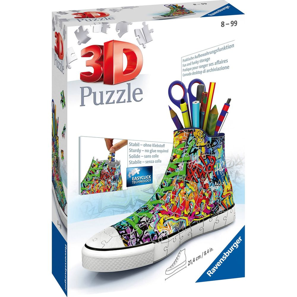 Boîte de puzzle 3D avec un pot à crayons en forme de chaussure graffiti.