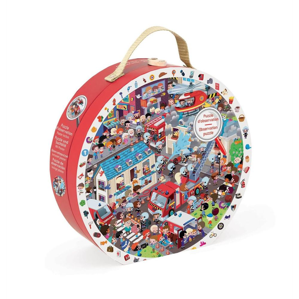 Okrągłe pudełko na zabawki ze sceną miejską i straży pożarnej, pełne małych postaci.