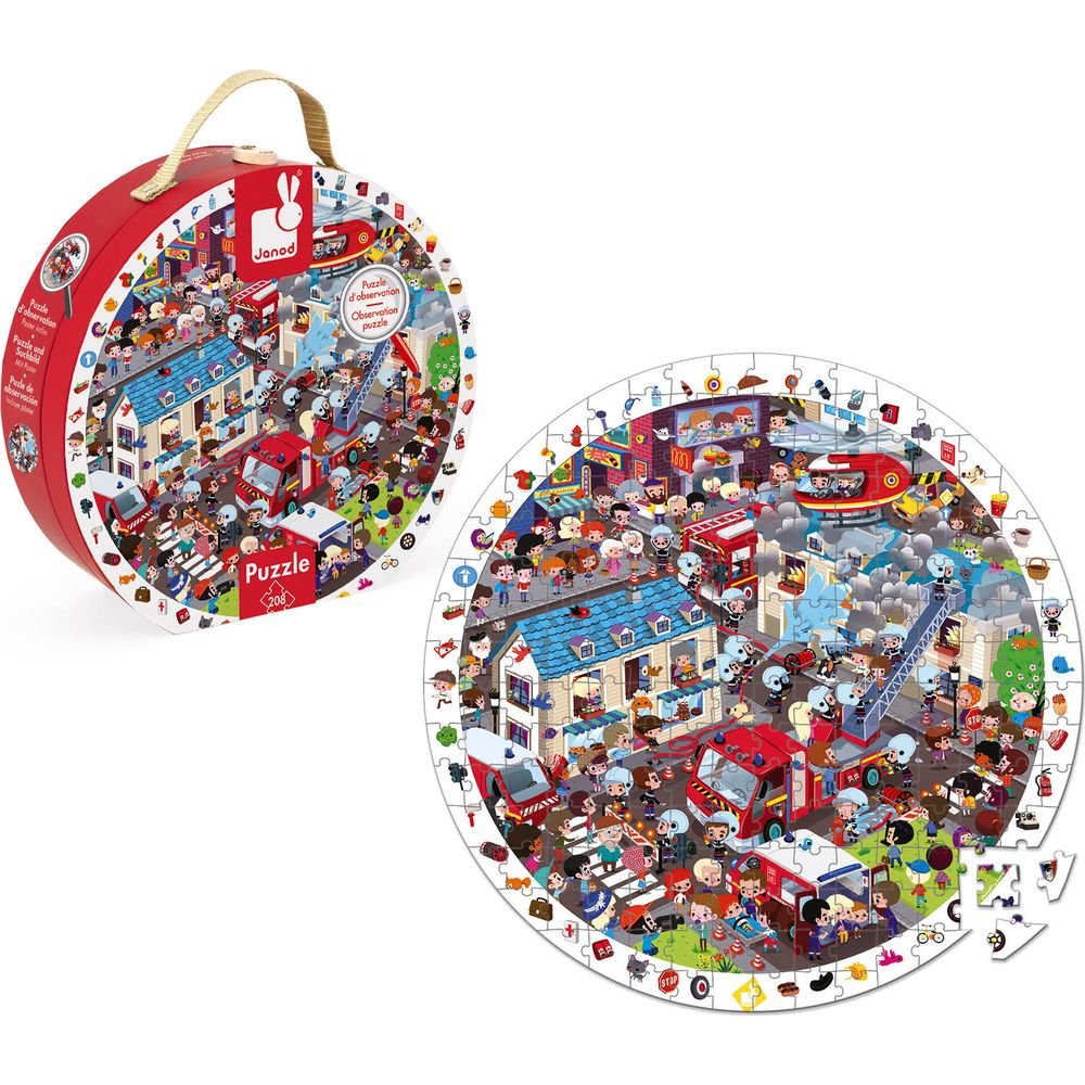 Okrągła układanka przedstawia ruchliwą scenę miejską z wozami strażackimi i ludźmi.