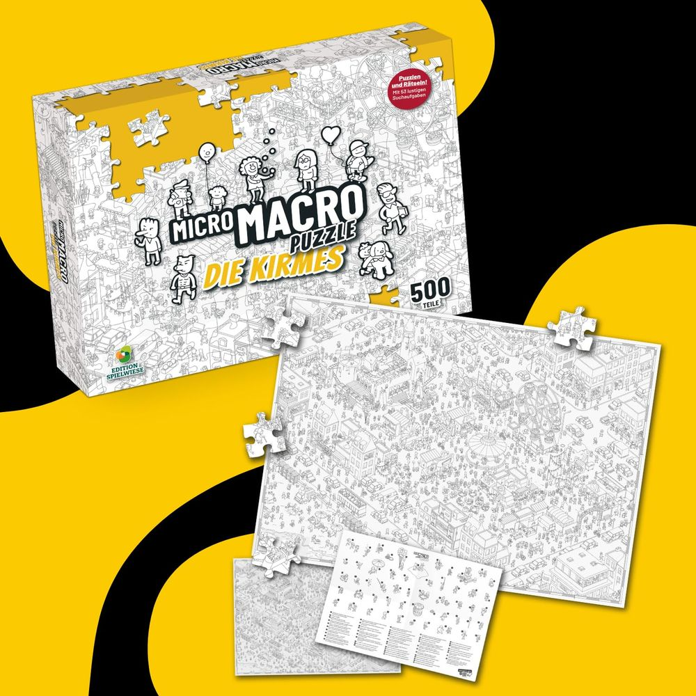Micro Macro Puzzle "Die Kirmes" mit 500 Teilen, ausgepackt und als Puzzle ausgelegt.