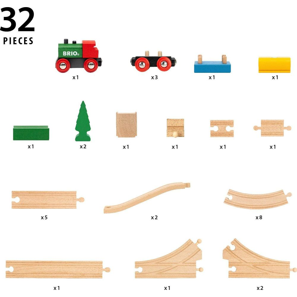 Holzeisenbahnteile: Lok, Waggons, Bäume, Schienen und mehr.