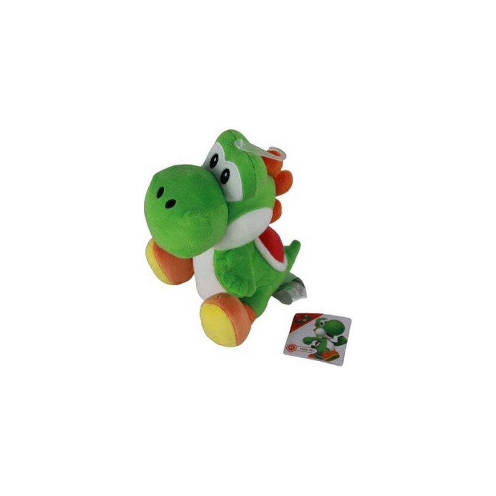 Peluche Yoshi verte avec carapace rouge, chaussures oranges et pics.