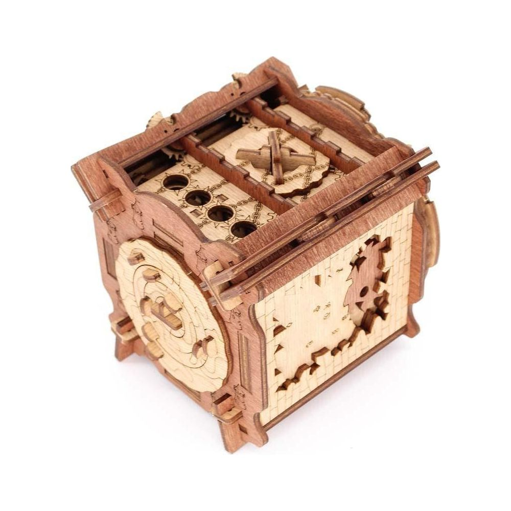 Un puzzle 3D meccanico in legno con ingranaggi e dettagli intricati.