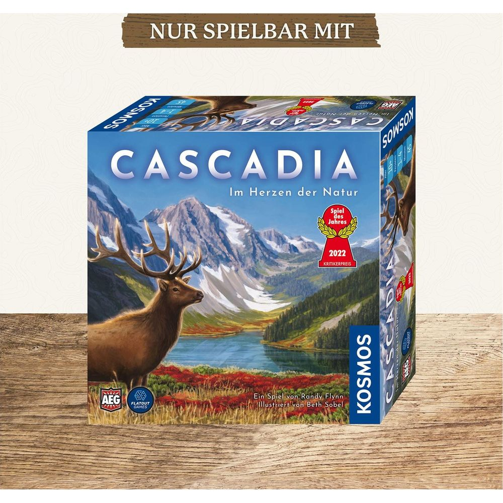 Gra planszowa Cascadia z jeleniem, górami i jeziorem. Graj tylko z Kosmos.
