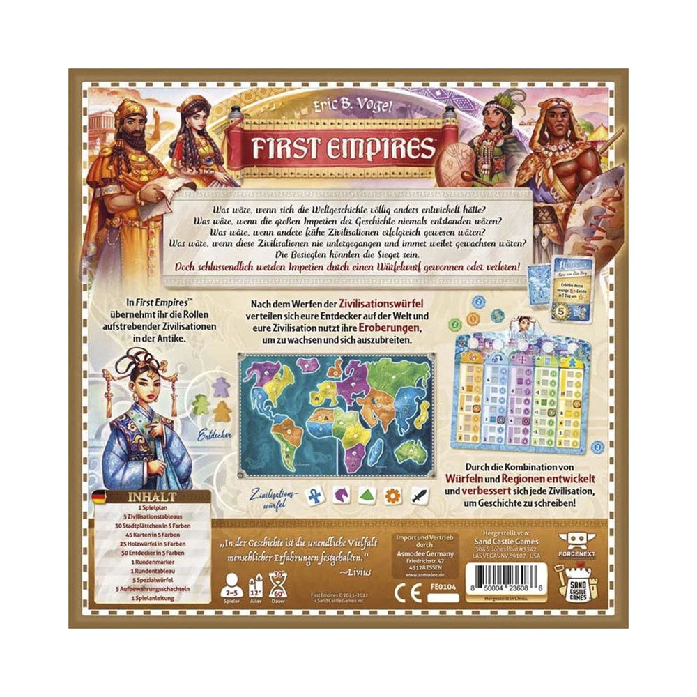 Brettspielrückseite: "First Empires" mit Zivilisationen und Weltkarte.