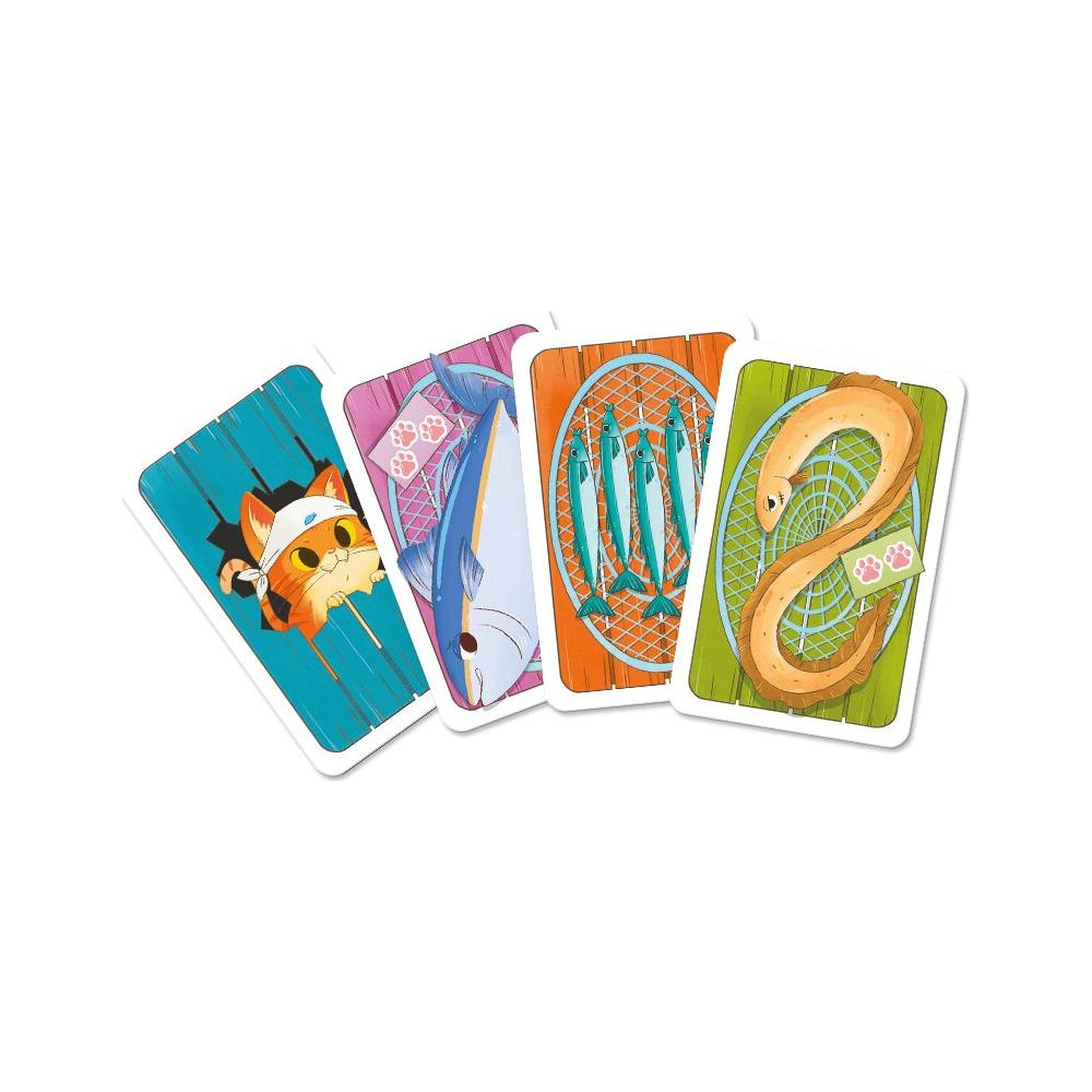 Quatre cartes de jeu montrent un chat, un poisson, des poissons et une anguille.