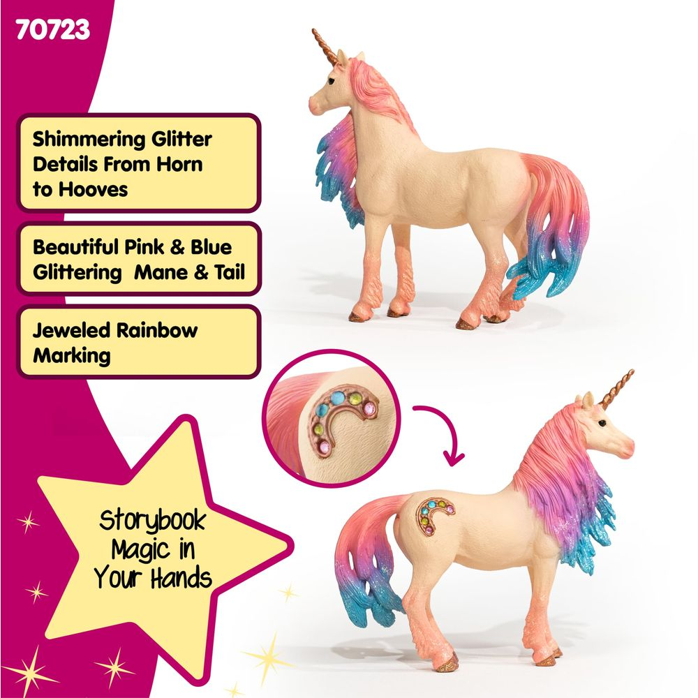 Un unicorno beige con criniera e coda rosa e blu, dettagli scintillanti e marchio arcobaleno con gioielli.