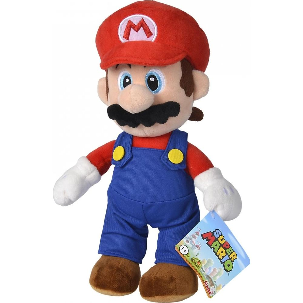 Pluche Mario in rood, blauw en wit, met een Super Mario-label.