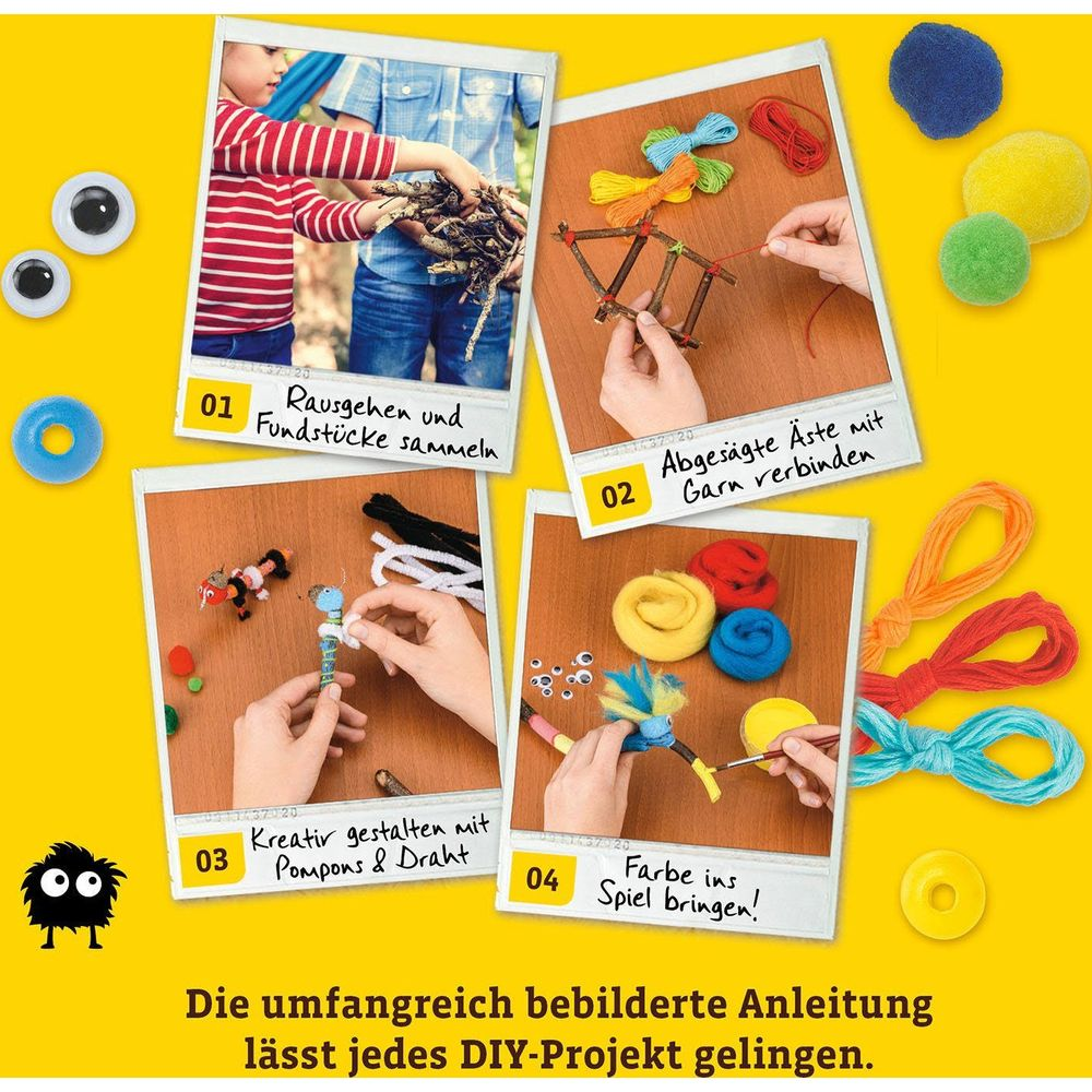 Vier Bastelanleitungen mit Garn, Pompons, Ästen & mehr.