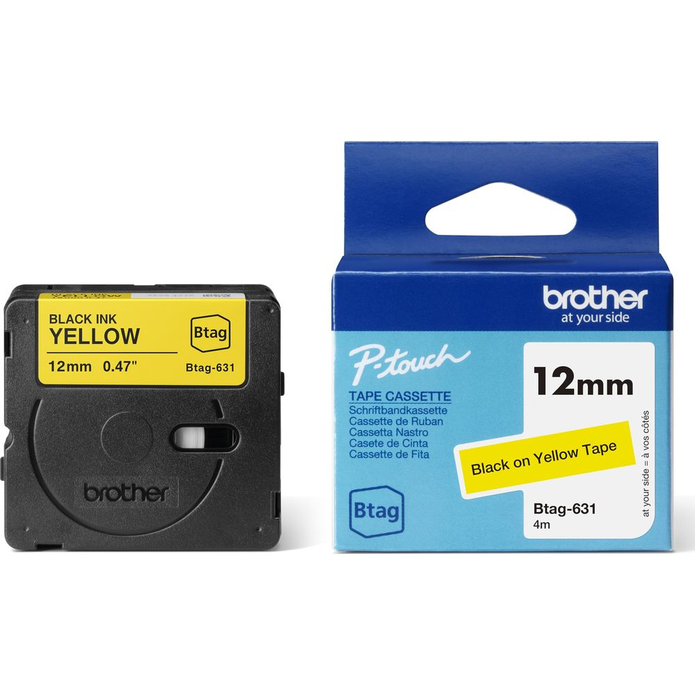 Czarny tusz na żółtej taśmie. Kasetta Brother P-Touch, 12mm.