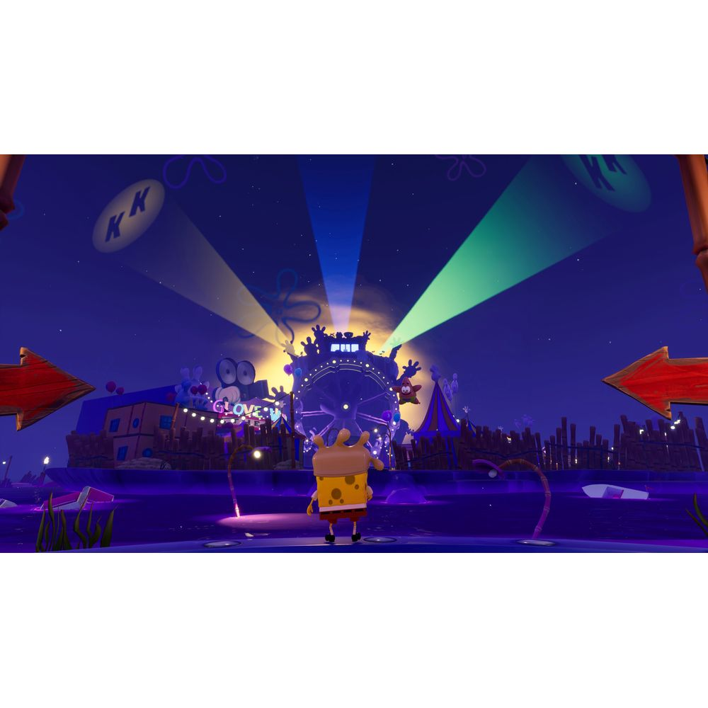 Bob Esponja está ante una feria con luces, noria y carteles.