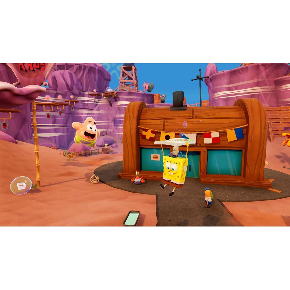 Bob Esponja vuela con Patricio en un mundo surrealista. Krusty Krab al fondo.