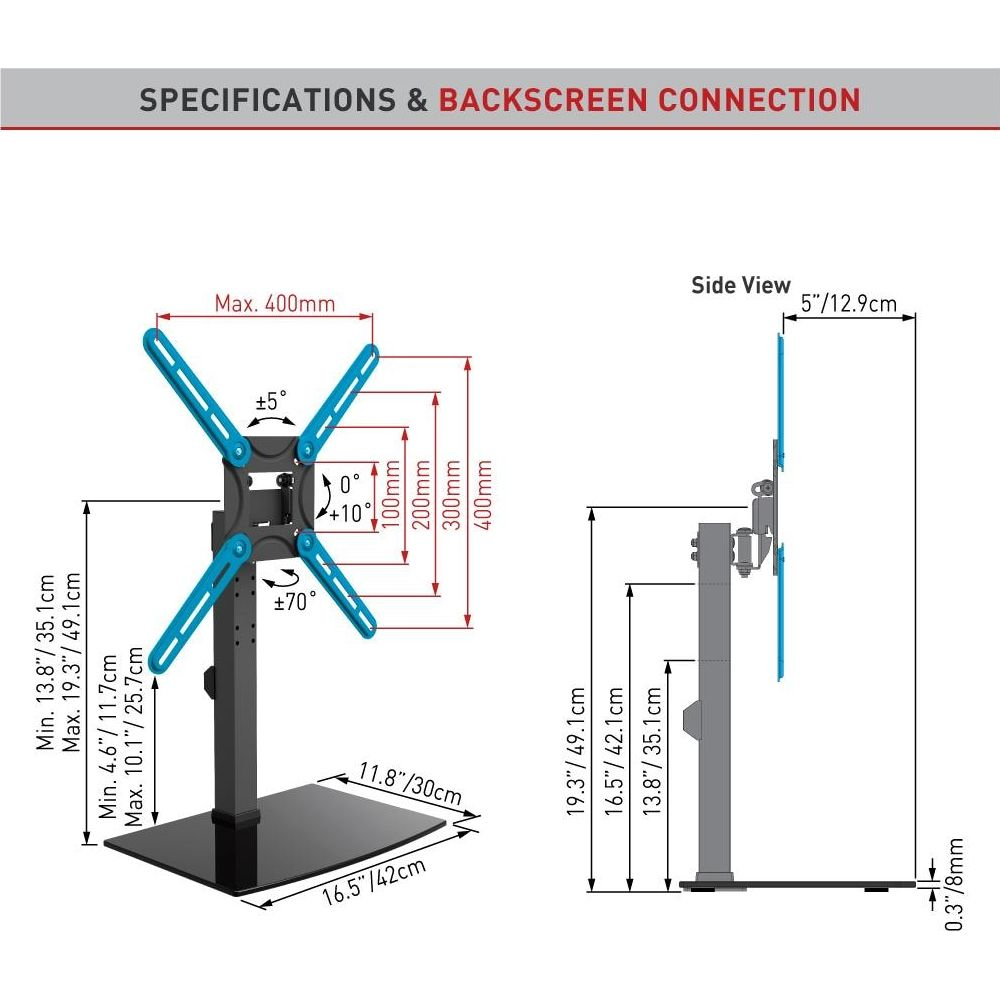 Specifications & Backscreen Connection: Mount with dimensions and angles shown.