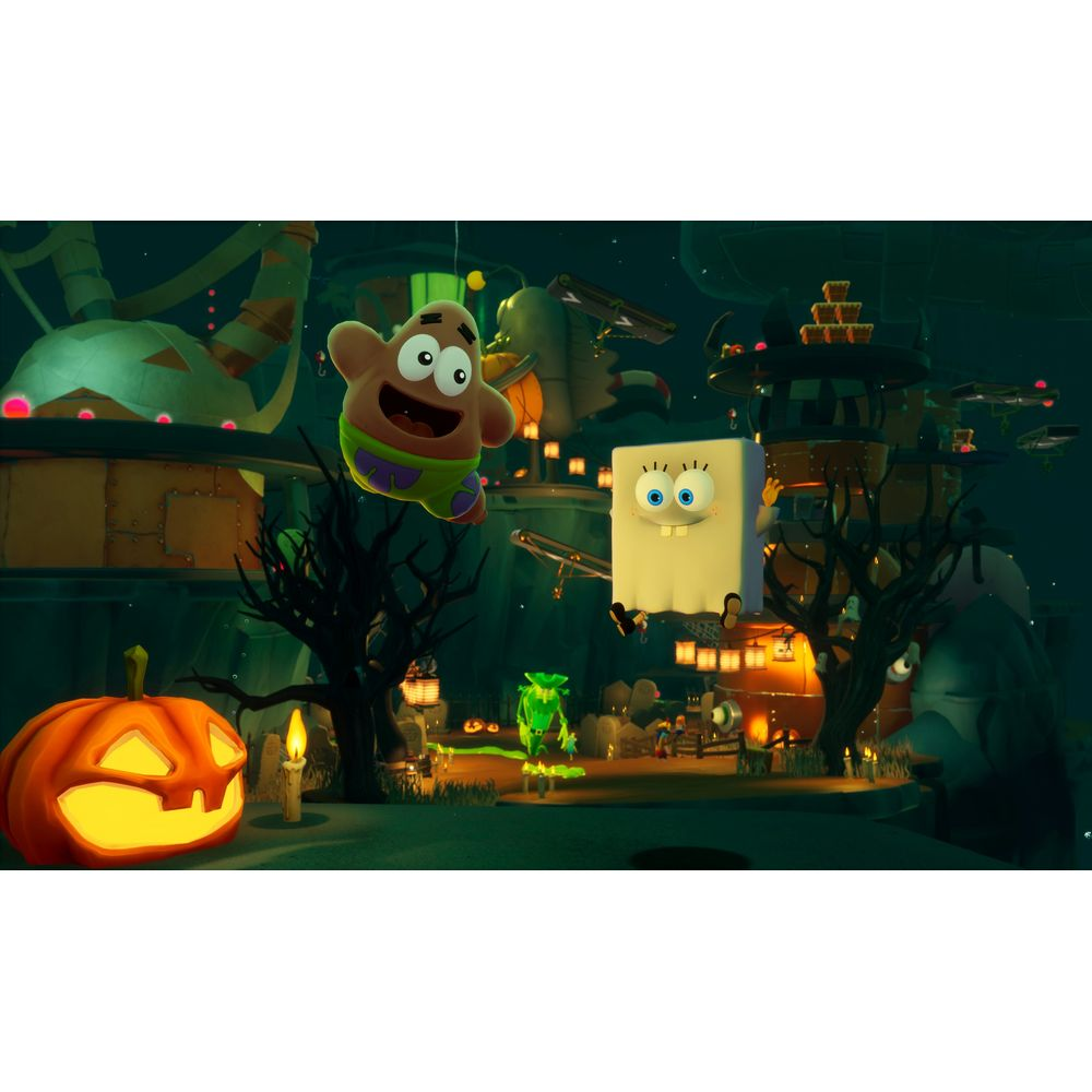 Patrick y Bob Esponja como fantasma en un paisaje espeluznante de Halloween con calabaza.