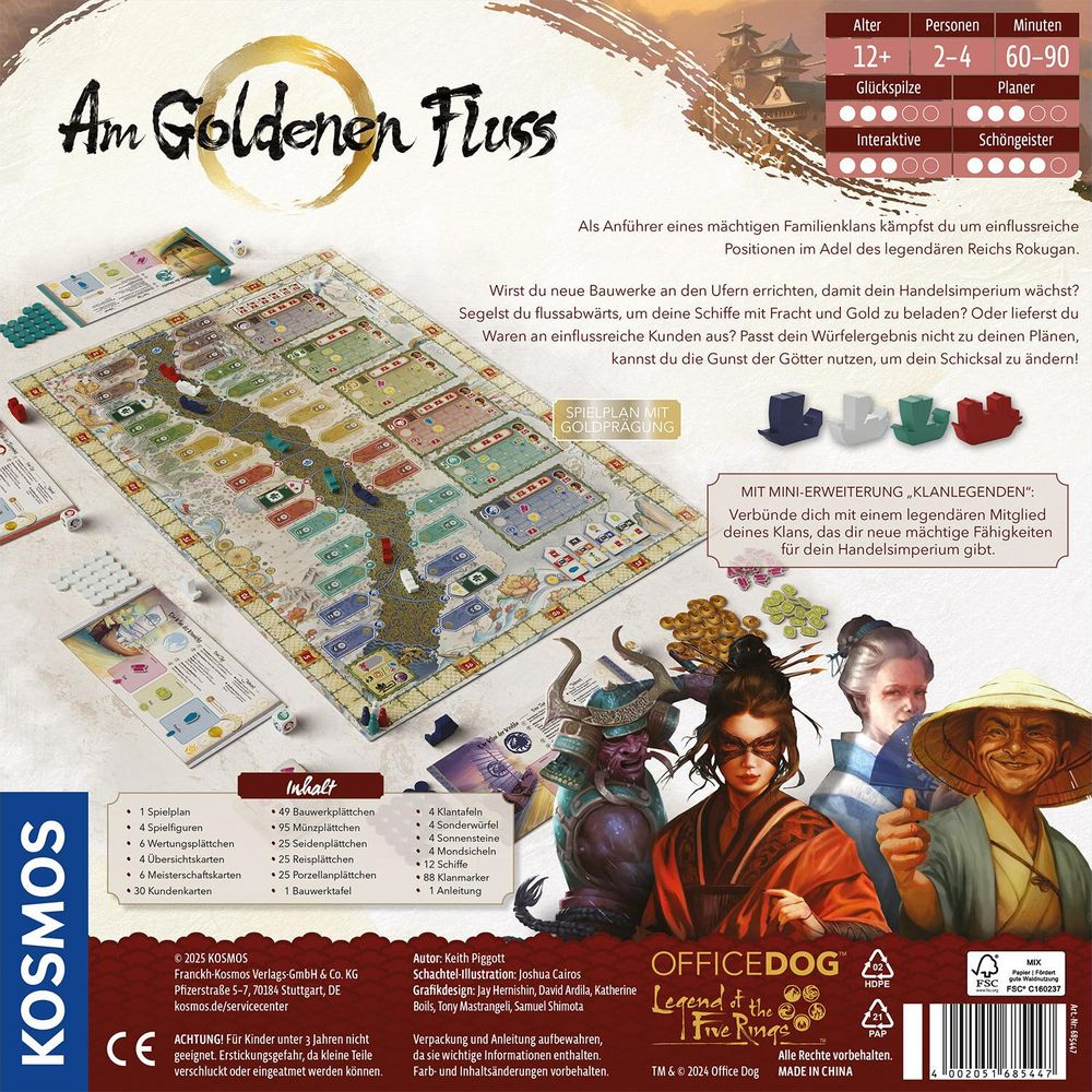 Copertina gioco da tavolo "Am Goldenen Fluss", tabellone, figure e personaggi illustrati.