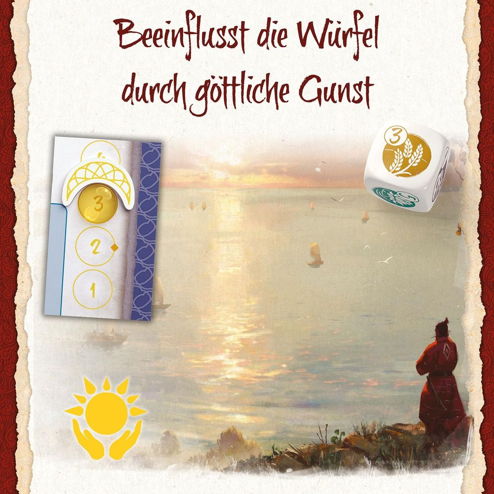 Plancia di gioco con dado, carta e simbolo del sole davanti a mare calmo al tramonto.