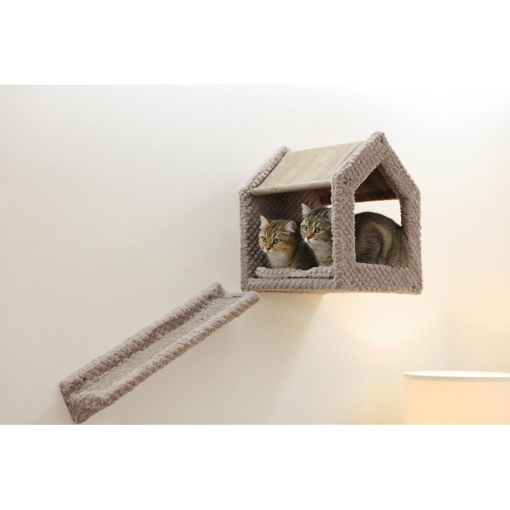 Zwei Katzen sitzen in einem hausförmigen Wandkratzbaum. Eine Rampe führt dorthin.