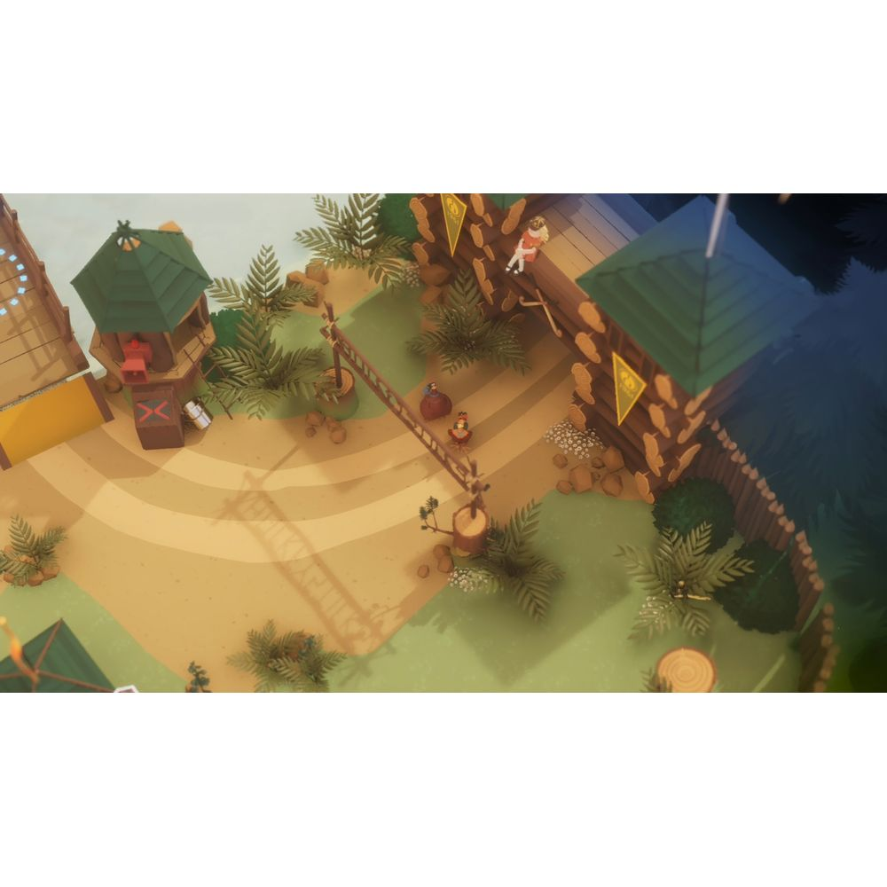 Scena di gioco con edifici in legno, alberi e figure in un ambiente soleggiato.