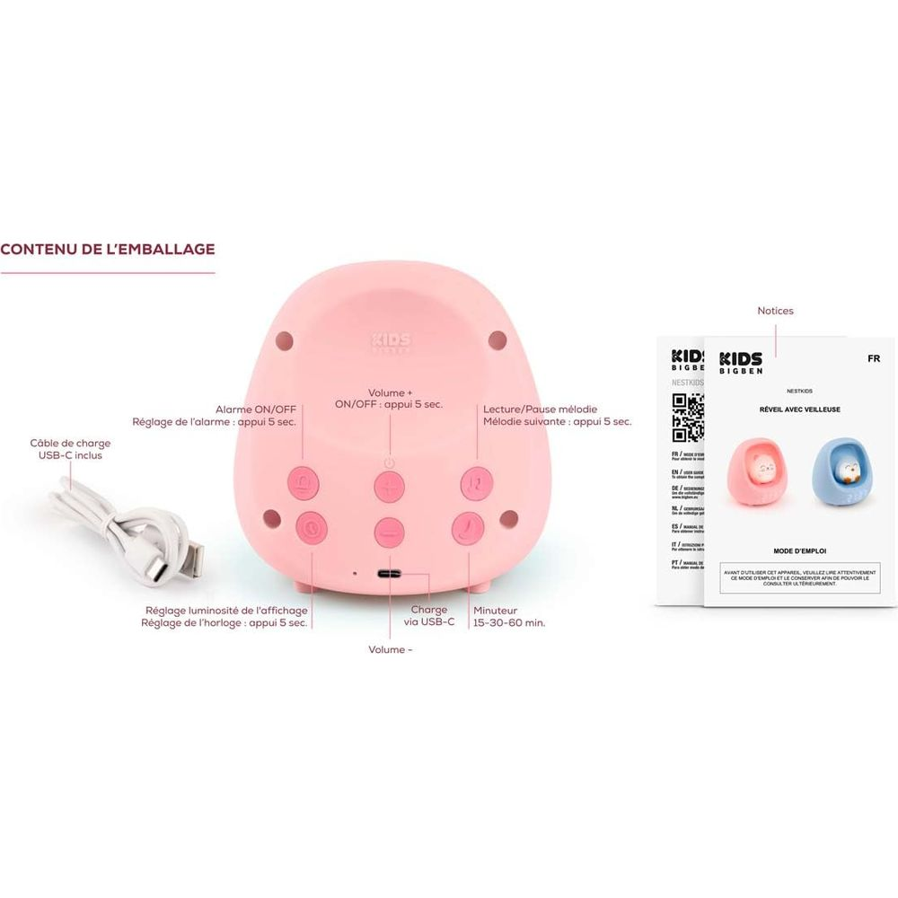 Rosa Kinderwecker mit USB-C-Kabel, Knöpfen und Anleitung.
