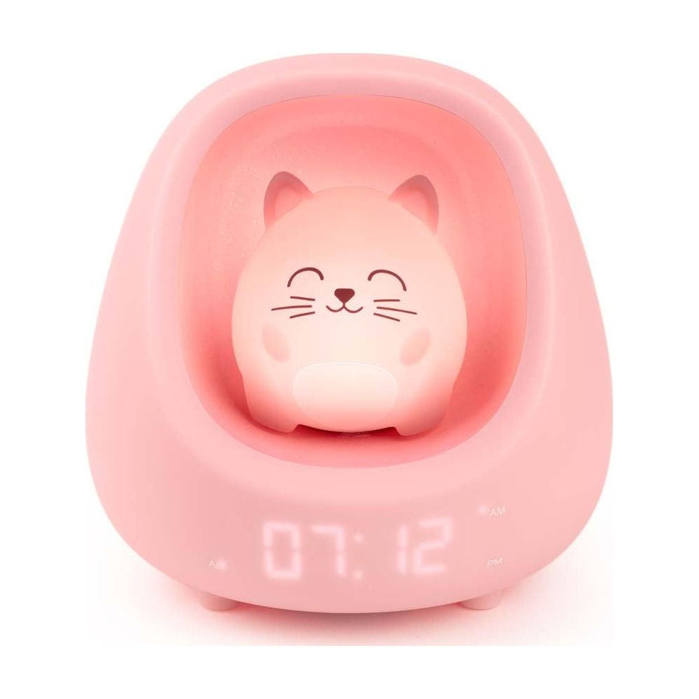 Ein rosa Wecker mit einem Katzenlicht. Die Zeit ist 07:12.