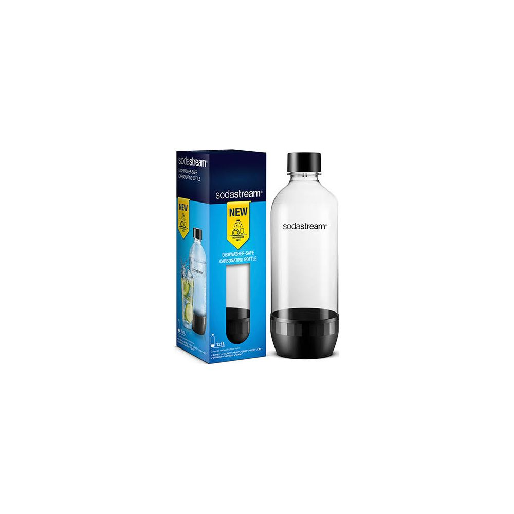 Una bottiglia SodaStream e la sua confezione su sfondo bianco.