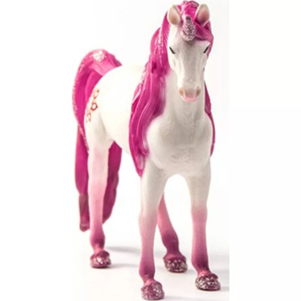 Un unicorno bianco con criniera e coda rosa, zoccoli scintillanti e corpo decorato.