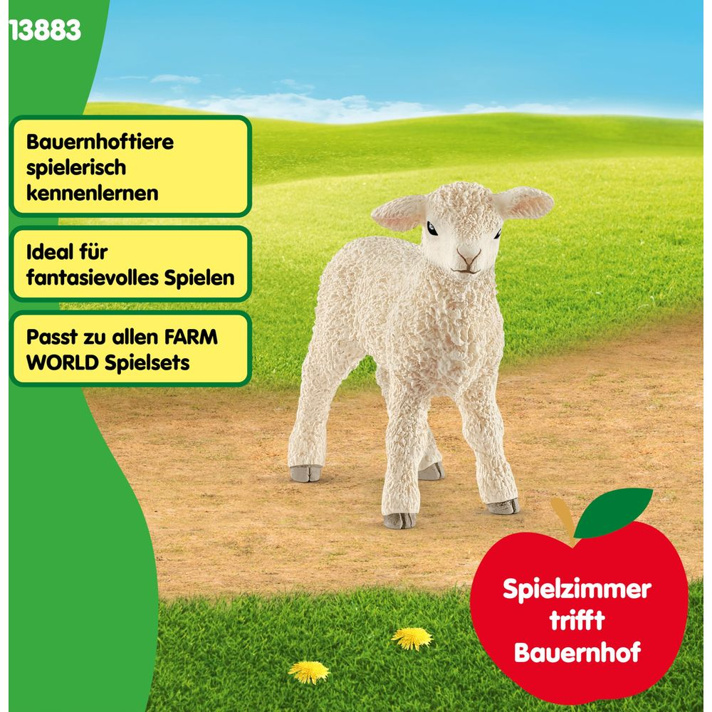 Ein Lamm steht auf einem Feld. Text auf Deutsch über Bauernhoftiere.