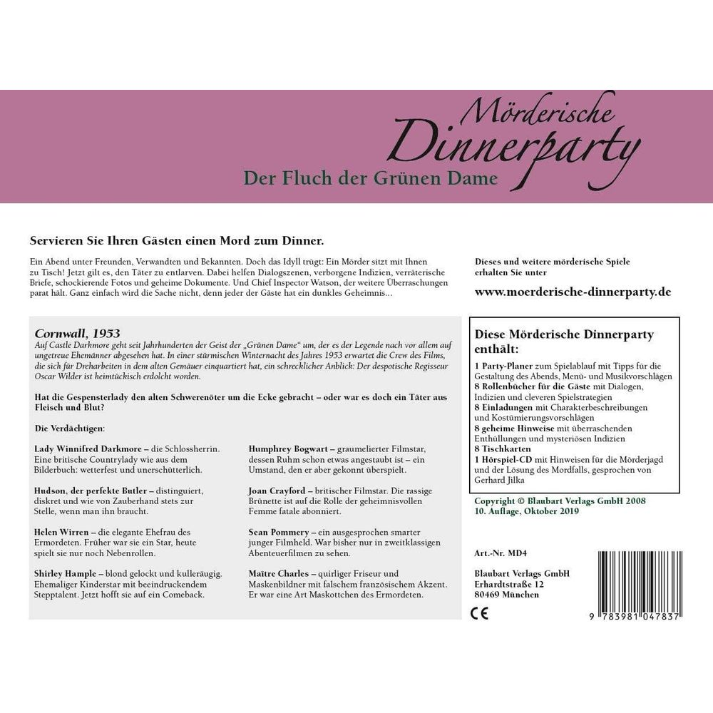 Ein Buchcover für ein Krimispiel namens „Mörderische Dinnerparty“.