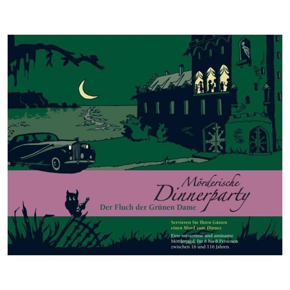 Ein gruseliges Schloss bei Nacht, ein Oldtimer und ein mondheller Himmel.