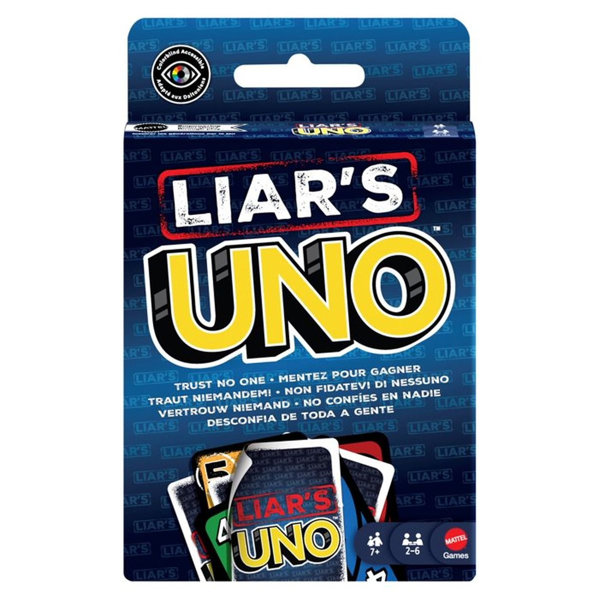 La scatola del gioco di carte Liar's Uno presenta il logo e carte colorate.