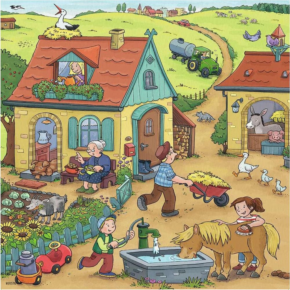Bauernhof mit Menschen, Tieren, Traktor und Häusern.