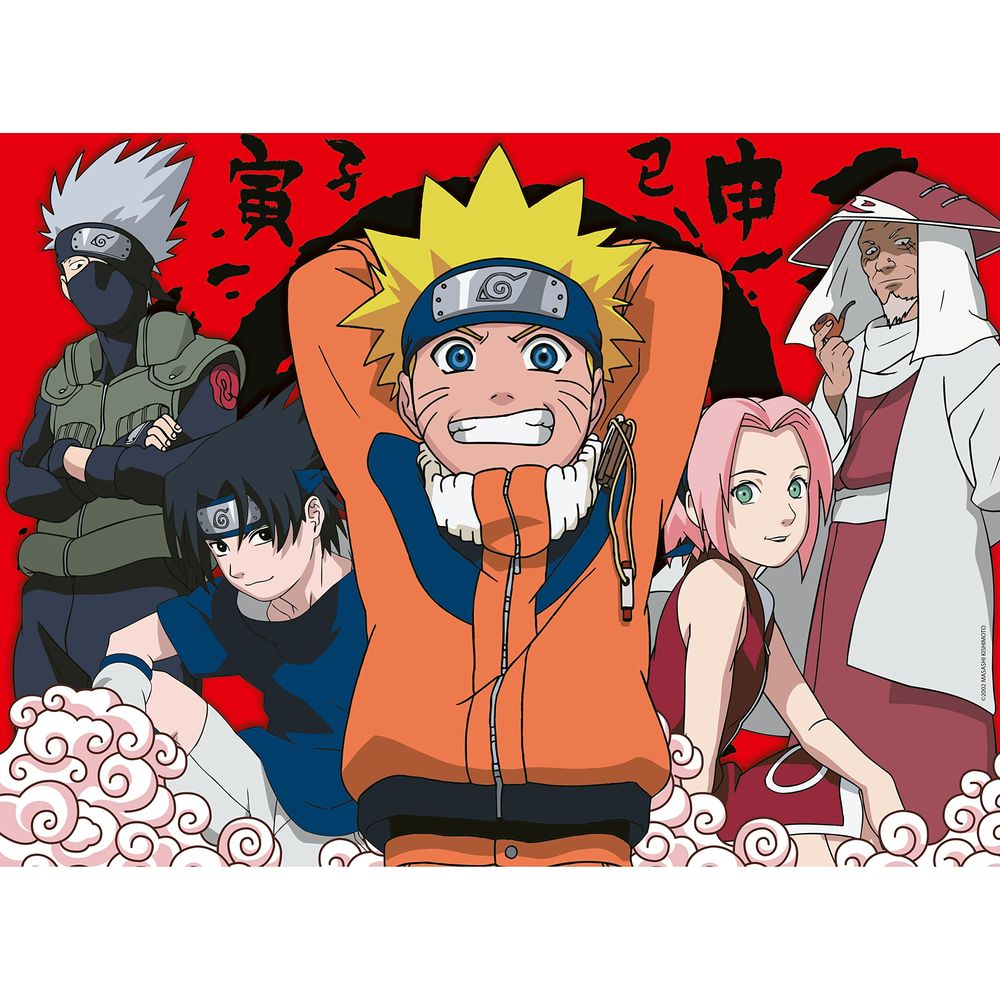 Vijf anime-personages tegen een rode achtergrond met Japanse tekens.