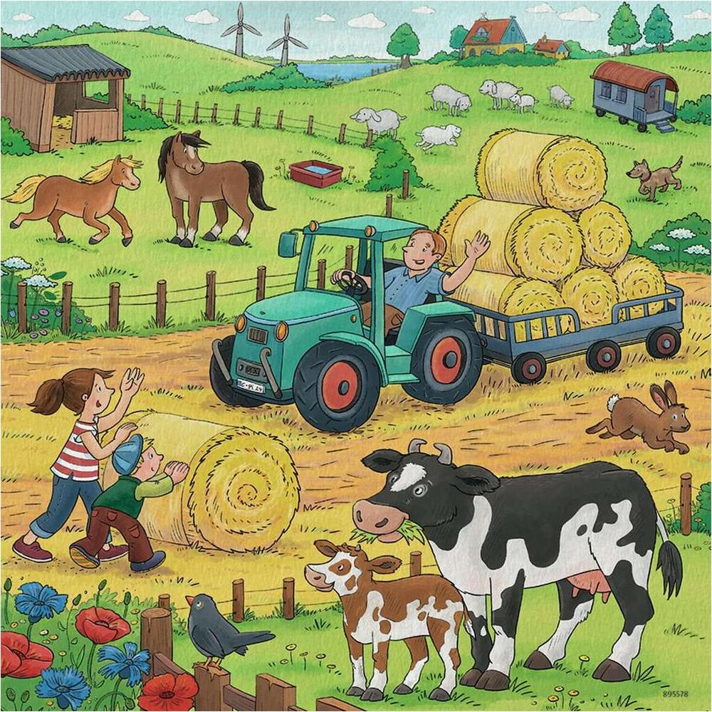 Ein Bauer fährt einen Traktor mit Heuballen, Kinder spielen, Tiere auf dem Bauernhof.