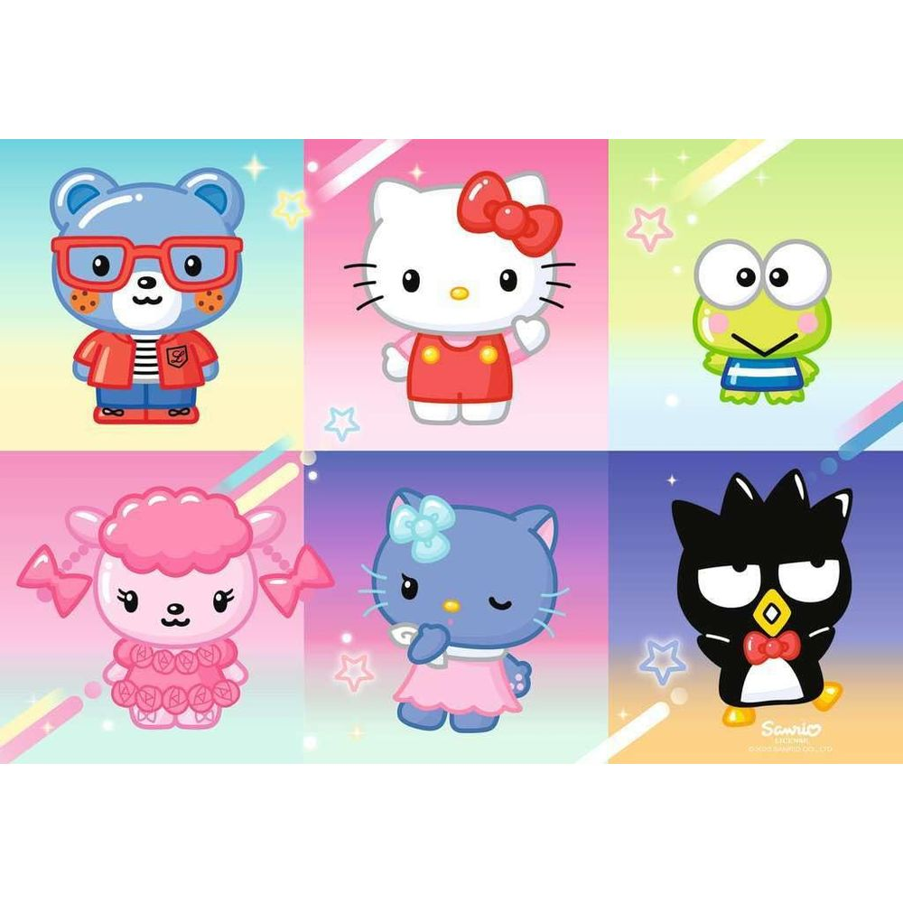 Sześć kolorowych postaci Sanrio na podzielonym tle.