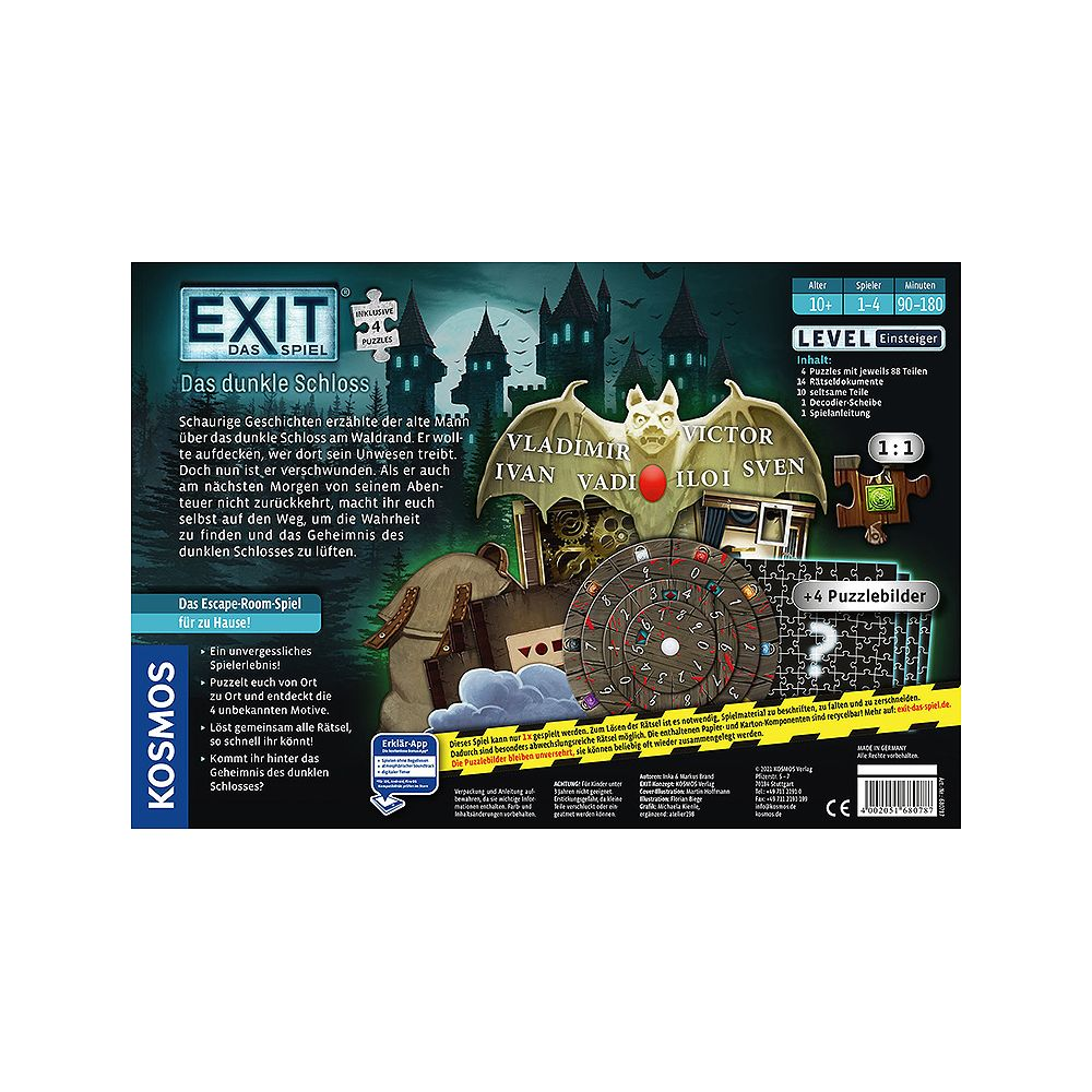 EXIT Spiel "Das dunkle Schloss" mit Fledermaus, Schloss und Rätselrad.