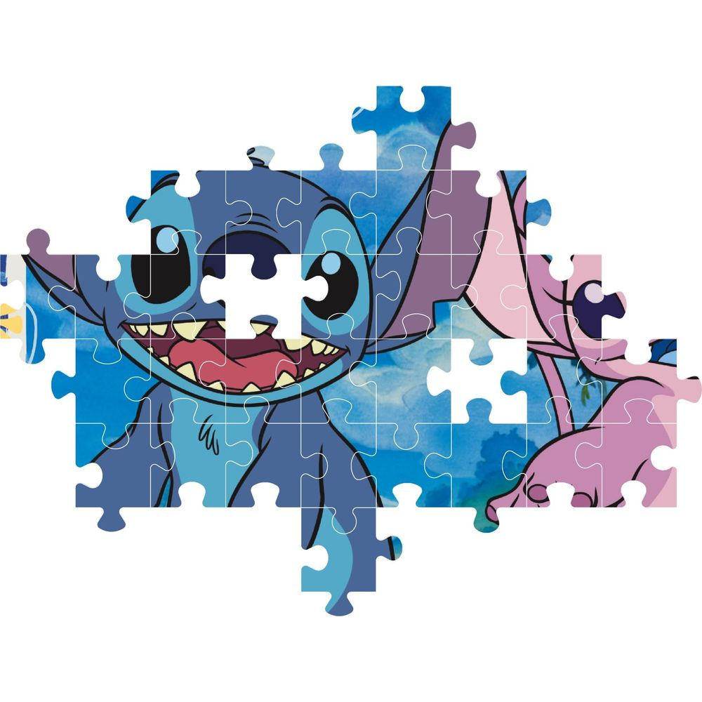 Niebieski, zepsuty Stitch z różową postacią w tle.