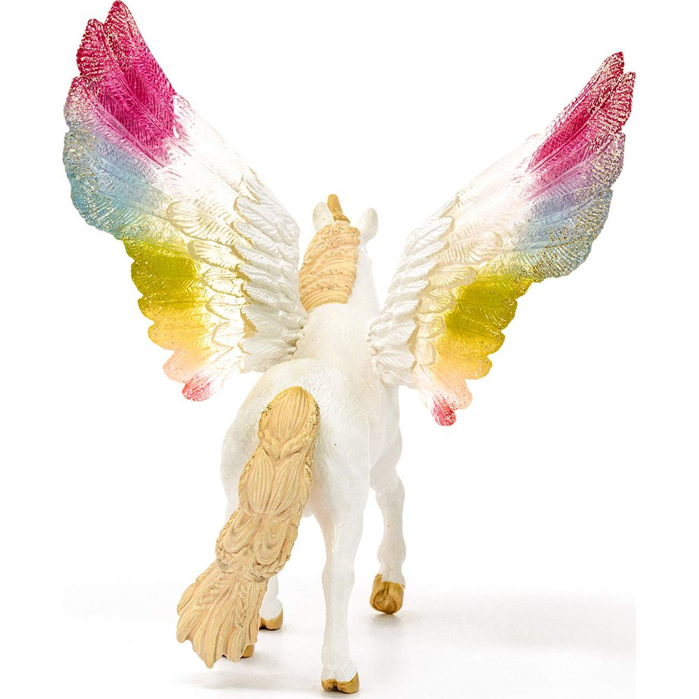 Un Pegaso giocattolo bianco con ali arcobaleno, visto da dietro.