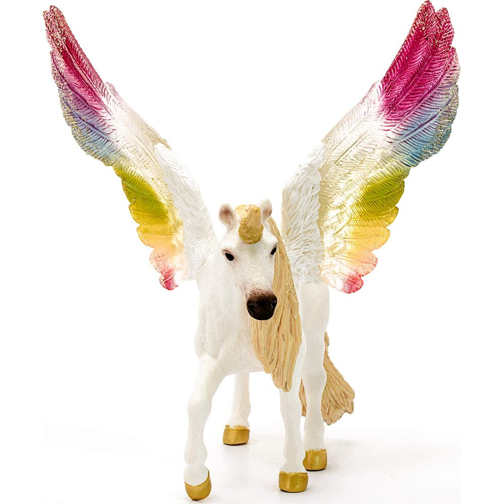 Un unicorno bianco alato con ali colorate si erge su sfondo bianco.