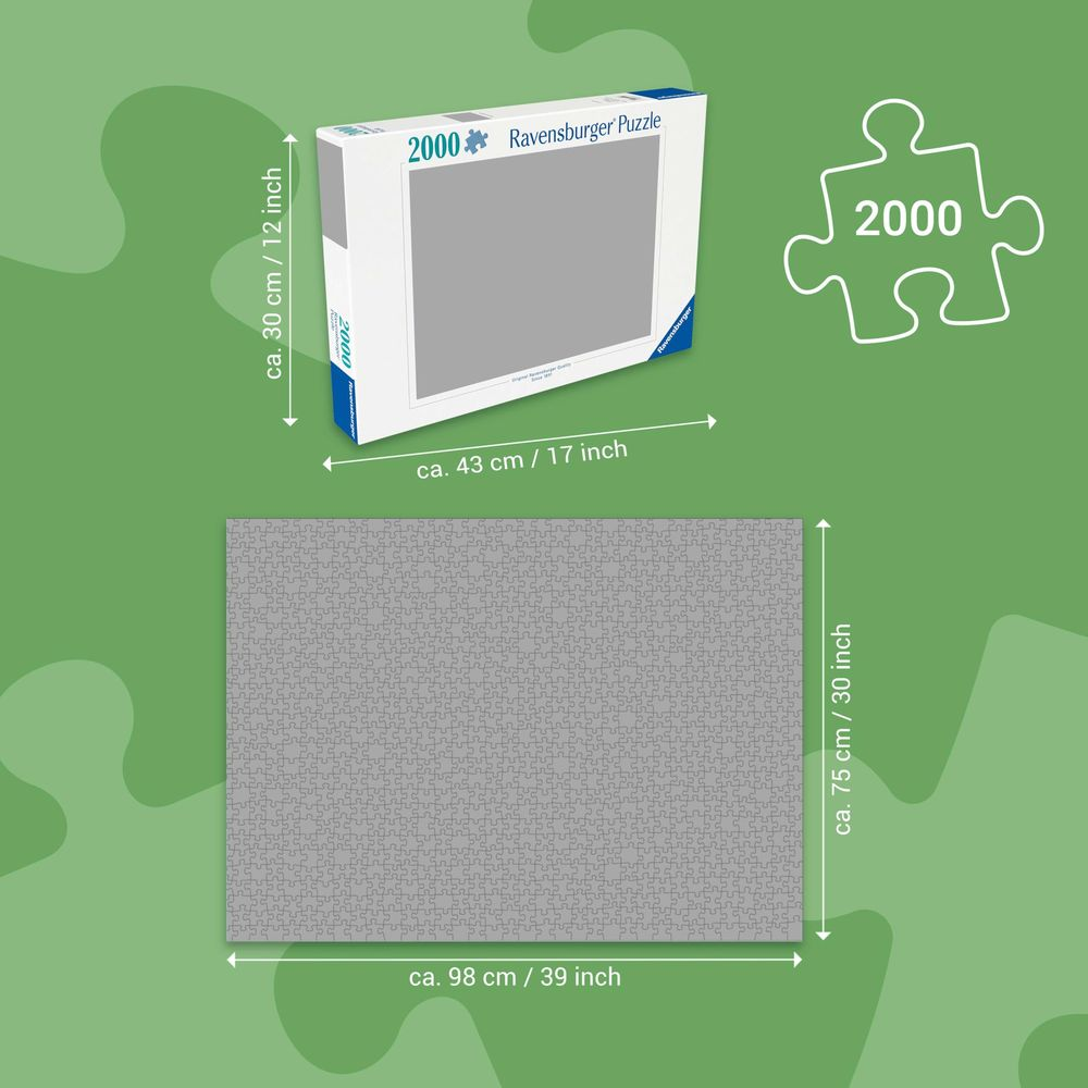 Pudełko i złożone puzzle Ravensburger 2000 elementów, z podanymi wymiarami.