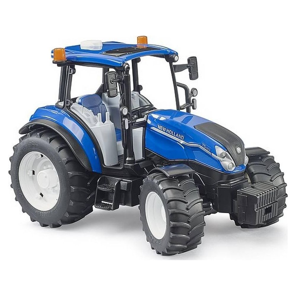 Ein blauer Spielzeugtraktor von New Holland mit schwarzen Akzenten und weißen Felgen.