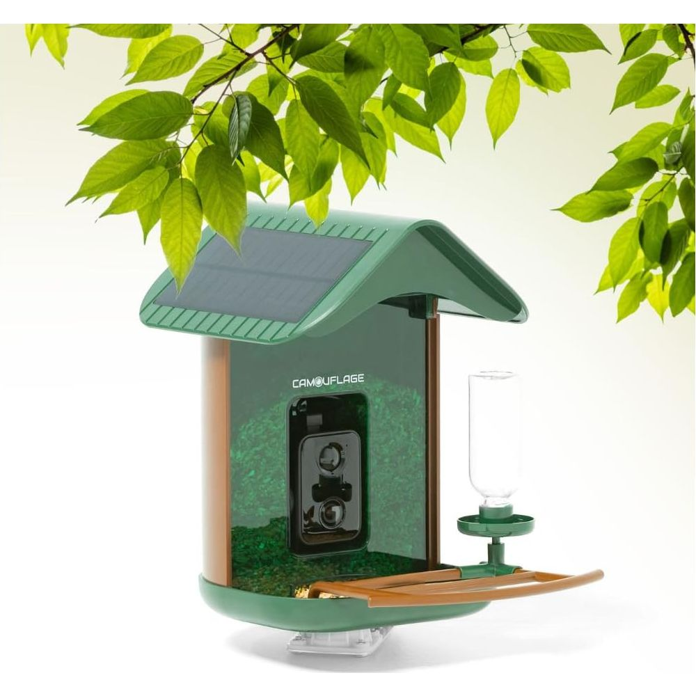 Mangiatoia per uccelli verde con pannello solare, telecamera e dispenser.